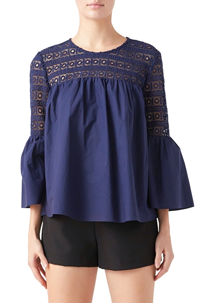 Bell Sleeve Lace Poplin Blouse, Main, color, NAVY