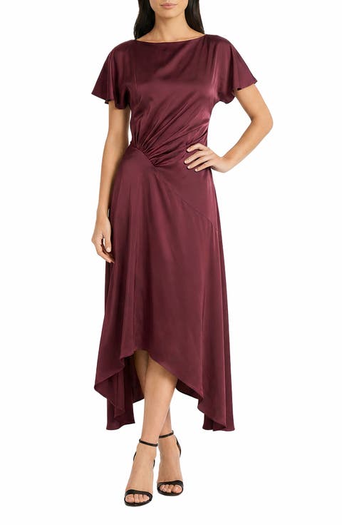 Short Sleeve Asymmetric Hem Satin Midi Dress