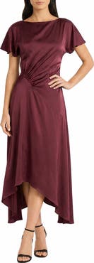 Maggy London Short Sleeve Asymmetric Hem Satin Midi Dress