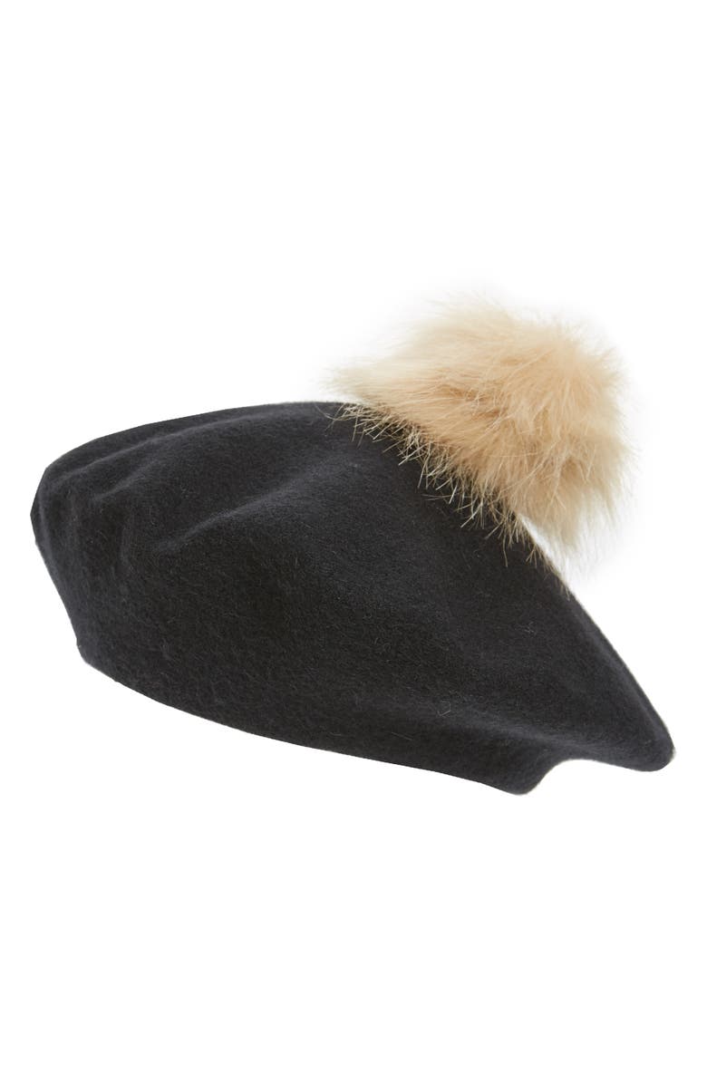 NYC Underground Faux Fur Pompom Beret, Main, color,