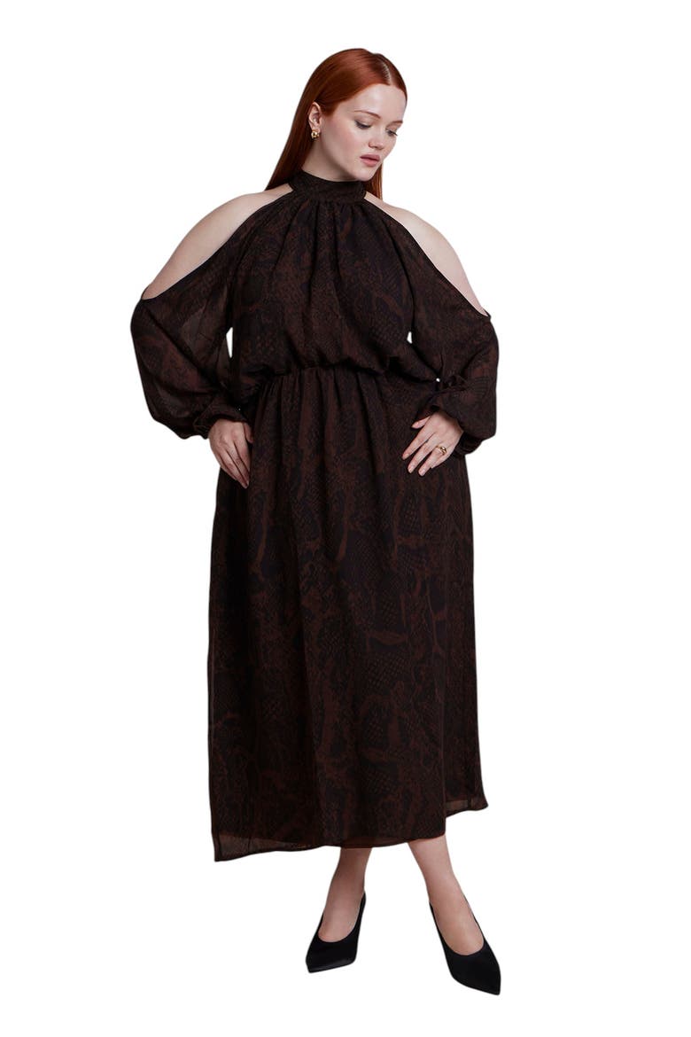 Cold Shoulder Chiffon Maxi Dress (plus), Alternate, color, SNAKE TEXTURED