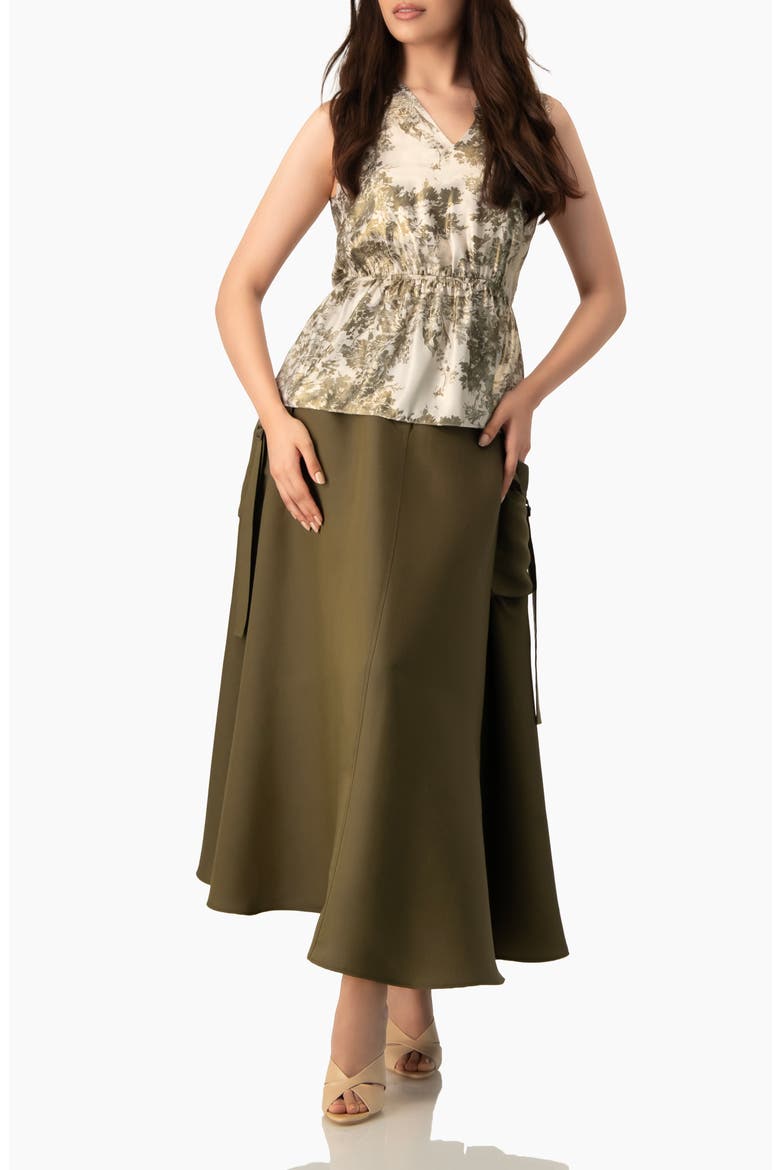 Sleeveless Peplum Blouse in Abstract Botanical Print, Alternate, color, Olive Green