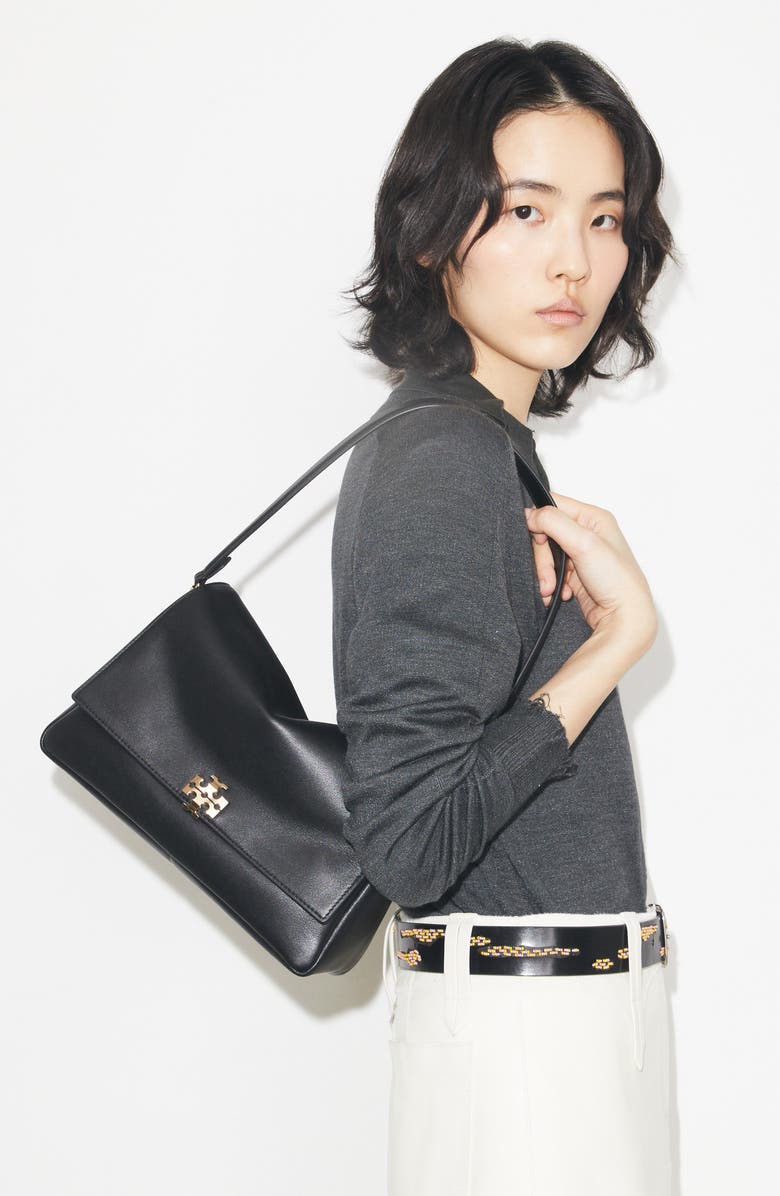 Tory Burch Charlie Leather Shoulder Bag, Alternate, color, Black