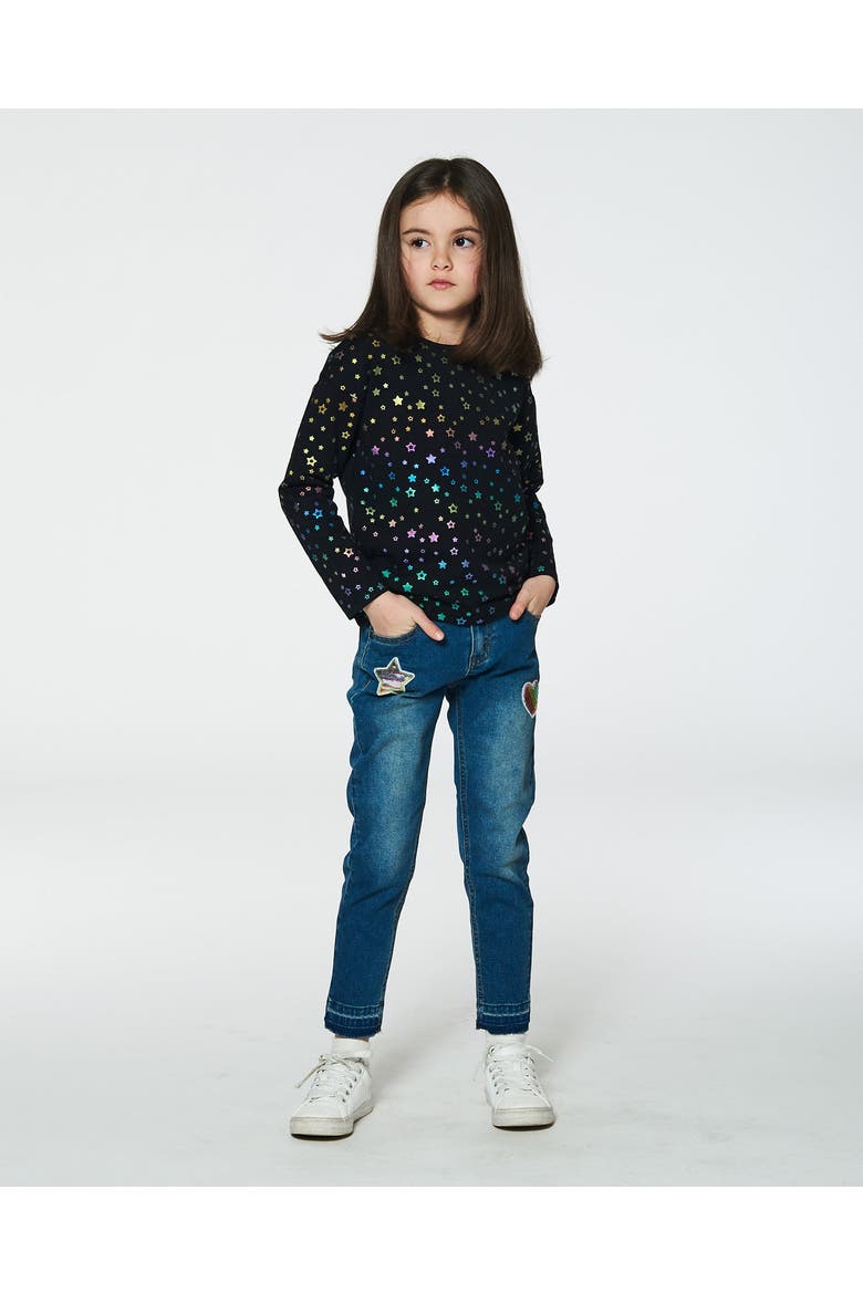 Little Girl's Long Sleeve T-Shirt Foil Black Printed Stars, Alternate, color, Printed Foil Stars