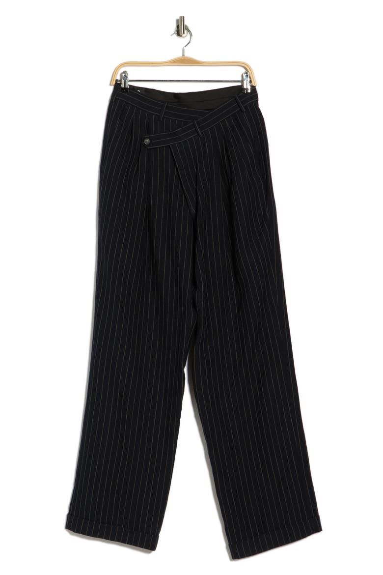 Triple Pleated Crossover Linen Pants, Alternate, color, DARK NAVY STRIPE BLUE