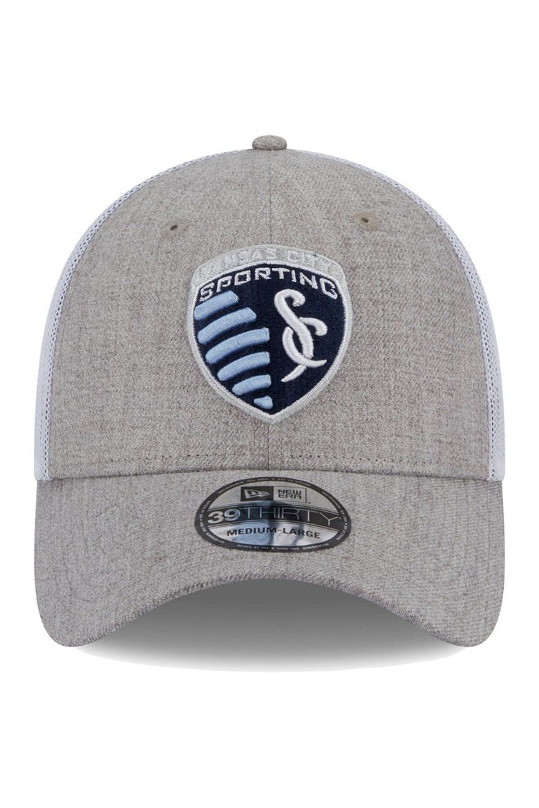 Men's New Era Heather Gray/White Sporting Kansas City 39THIRTY Trucker Flex Hat, Alternate, color, Heather Gray