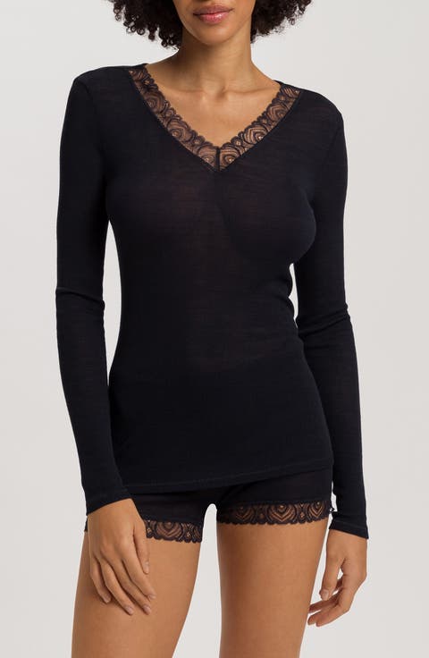 Lace Trim Merino Wool & Silk Rib Sleep Top