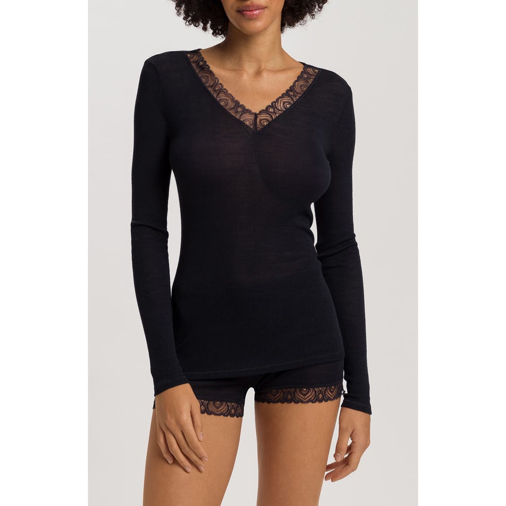 Hanro Lace Trim Merino Wool & Silk Rib Sleep Top In Blue