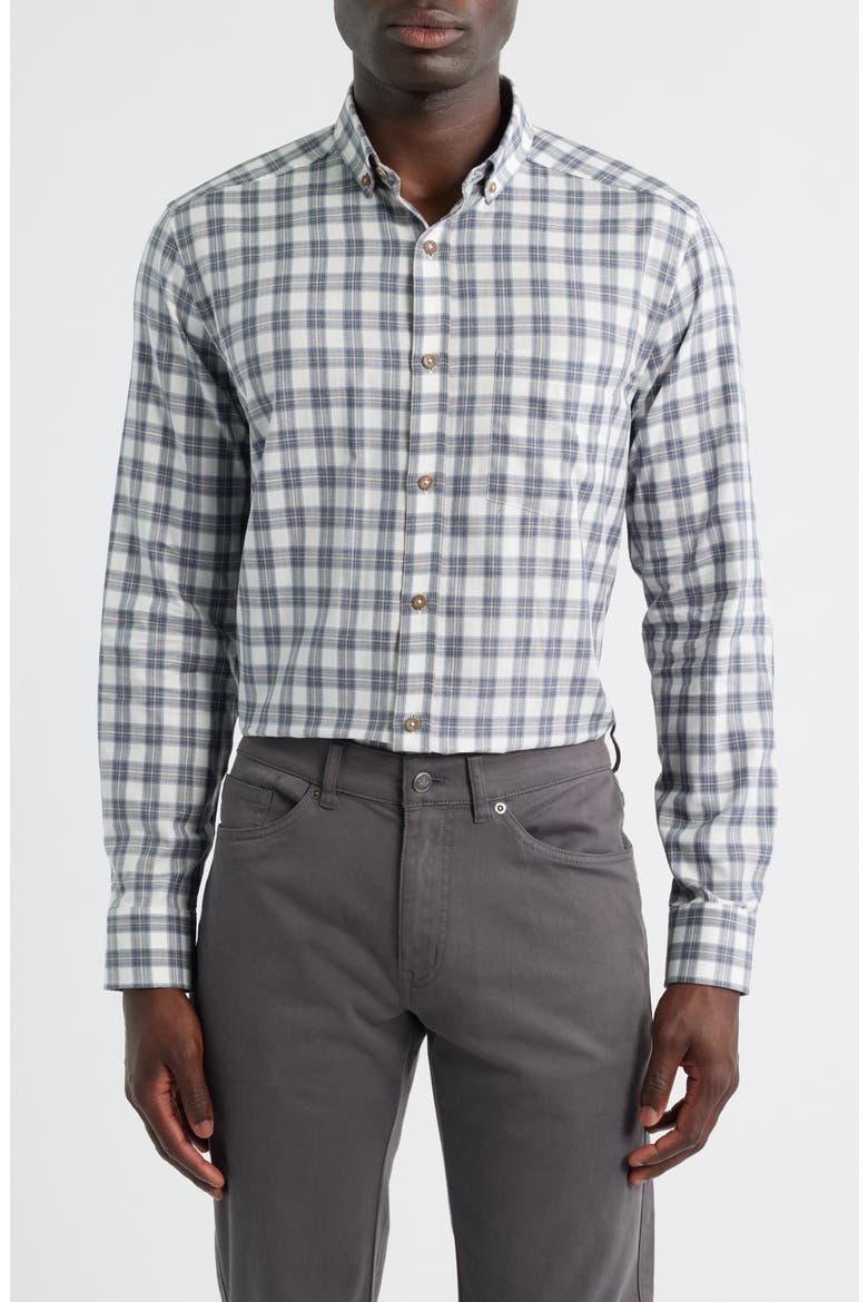 Plaid Heathered Cotton Button-Up Shirt, Main, color, NAVY/ TAN SHADOW GRID