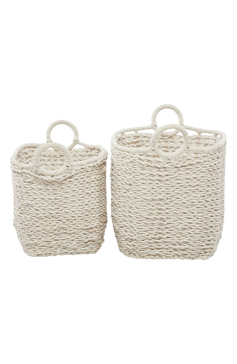GINGER BIRCH STUDIO White Cotton Bohemian Storage Basket with Handles - Set of 2, Alternate, color, White