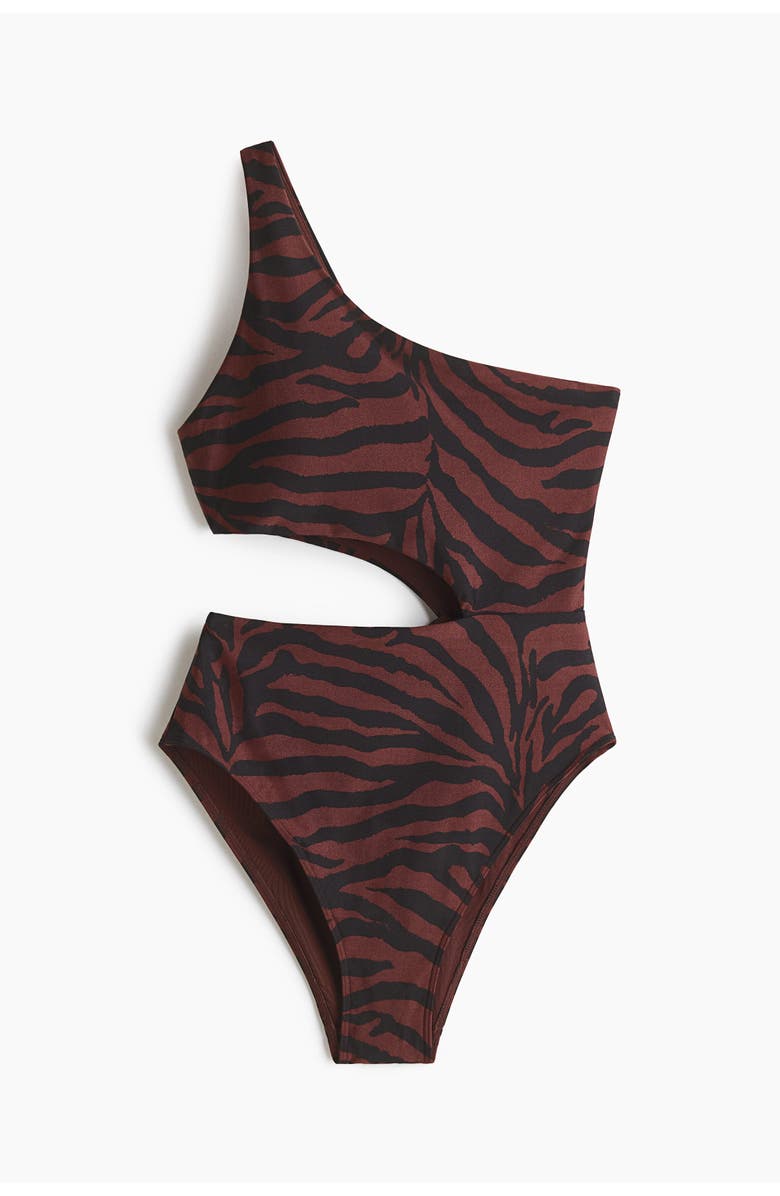 H&M Padded-cup High Leg One-shoulder Swimsuit, Main, color, Dark Brown/Zebra Print