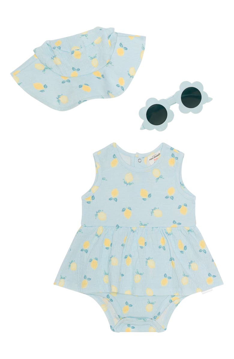 Petit Lem’s Mini Threads Skirted Bodysuit, Hat & Sunglasses Set, Main, color, Lemons