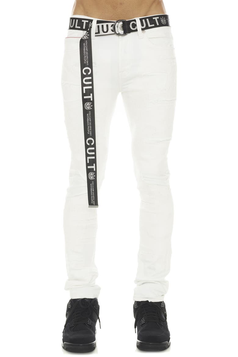 Punk Belted Distressed Super Skinny Jeans, Main, color, WHITE GRUNGE