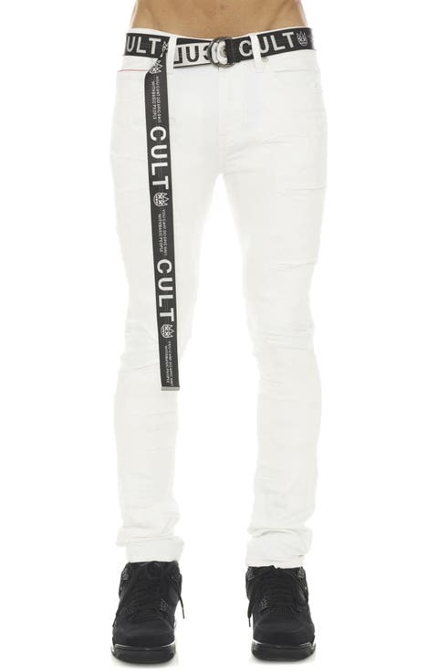Punk Belted Distressed Super Skinny Jeans (White Grunge)
