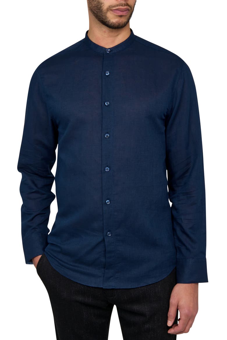 Slim Fit Solid Linen Cotton Long Sleeve Shirt, Main, color, NAVY
