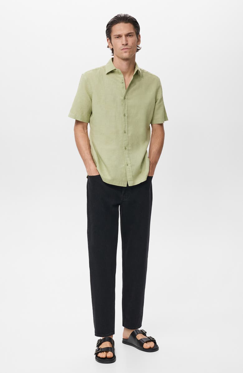MANGO Short Sleeve Linen & Cotton Button-Up Shirt, Alternate, color, Green Apple