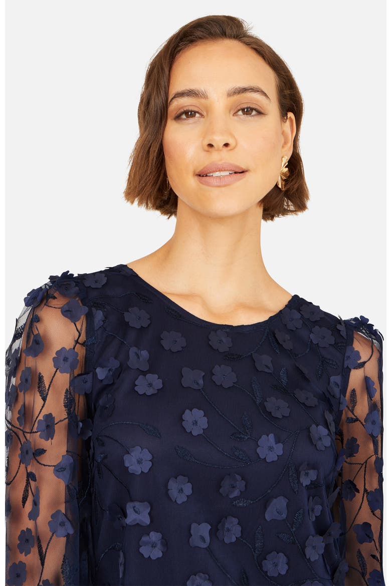 Long Sleeve Floral Applique Tunic Dress, Alternate, color, Navy