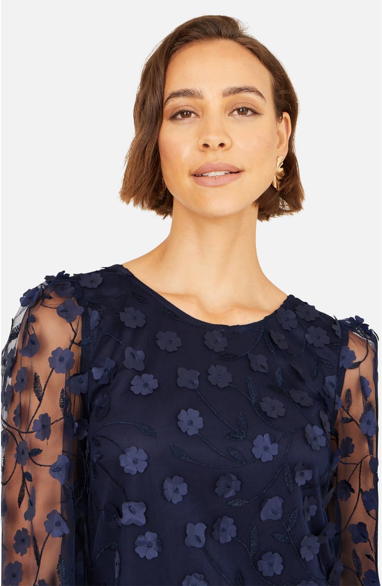 Yumi Long Sleeve Floral Applique Tunic Dress, Alternate, color, Navy
