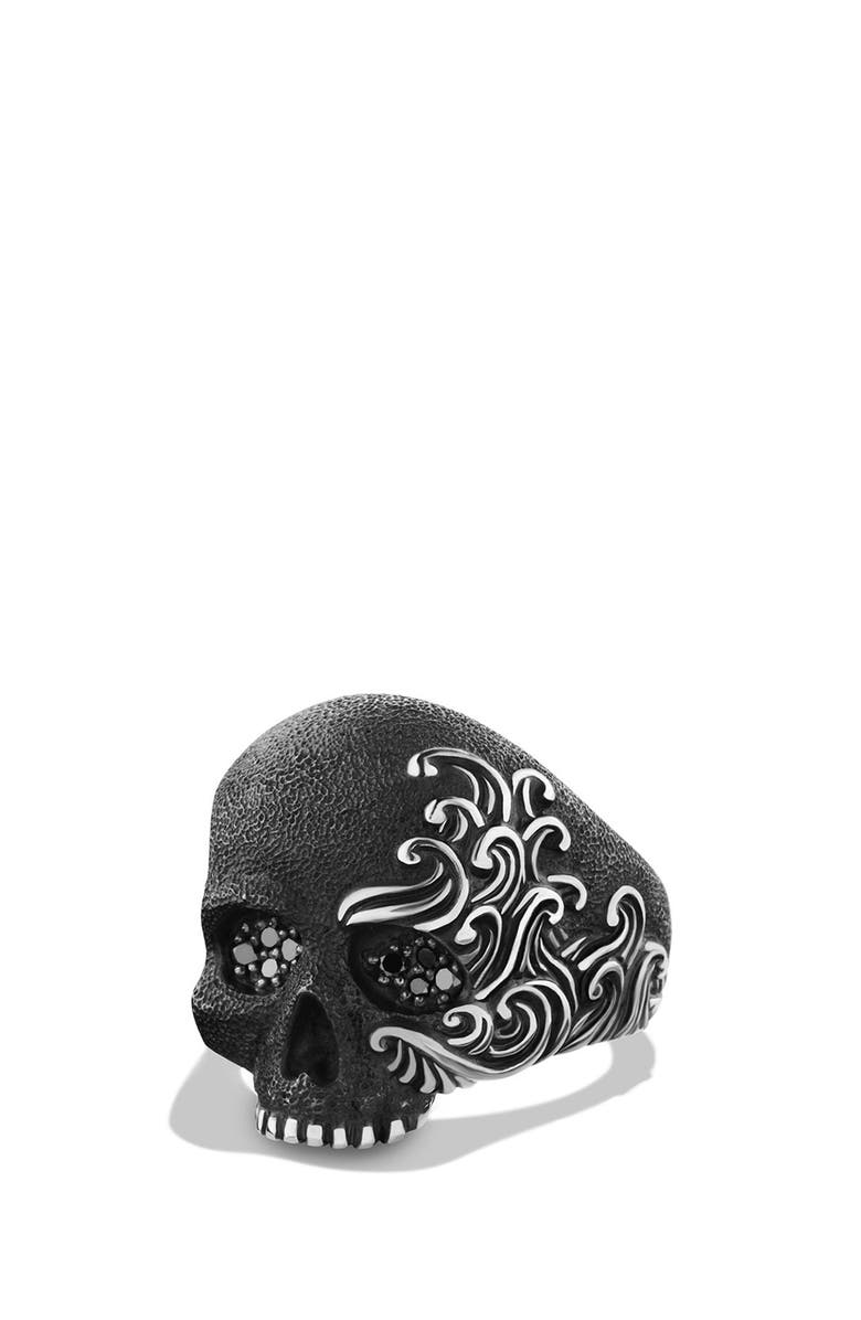 David Yurman Waves Large Skull Ring with Black Diamonds, Alternate, color, 