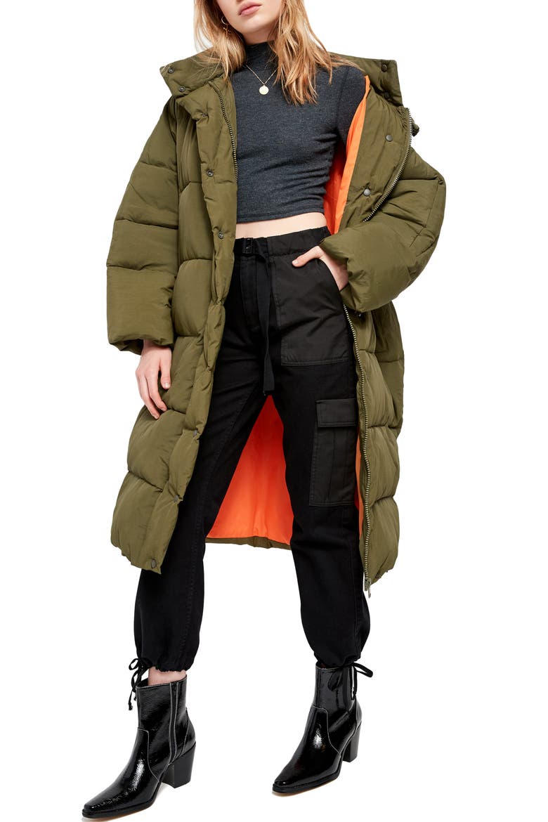 Urban Outfitters Longline Puffer Coat, Main, color, KHAKI