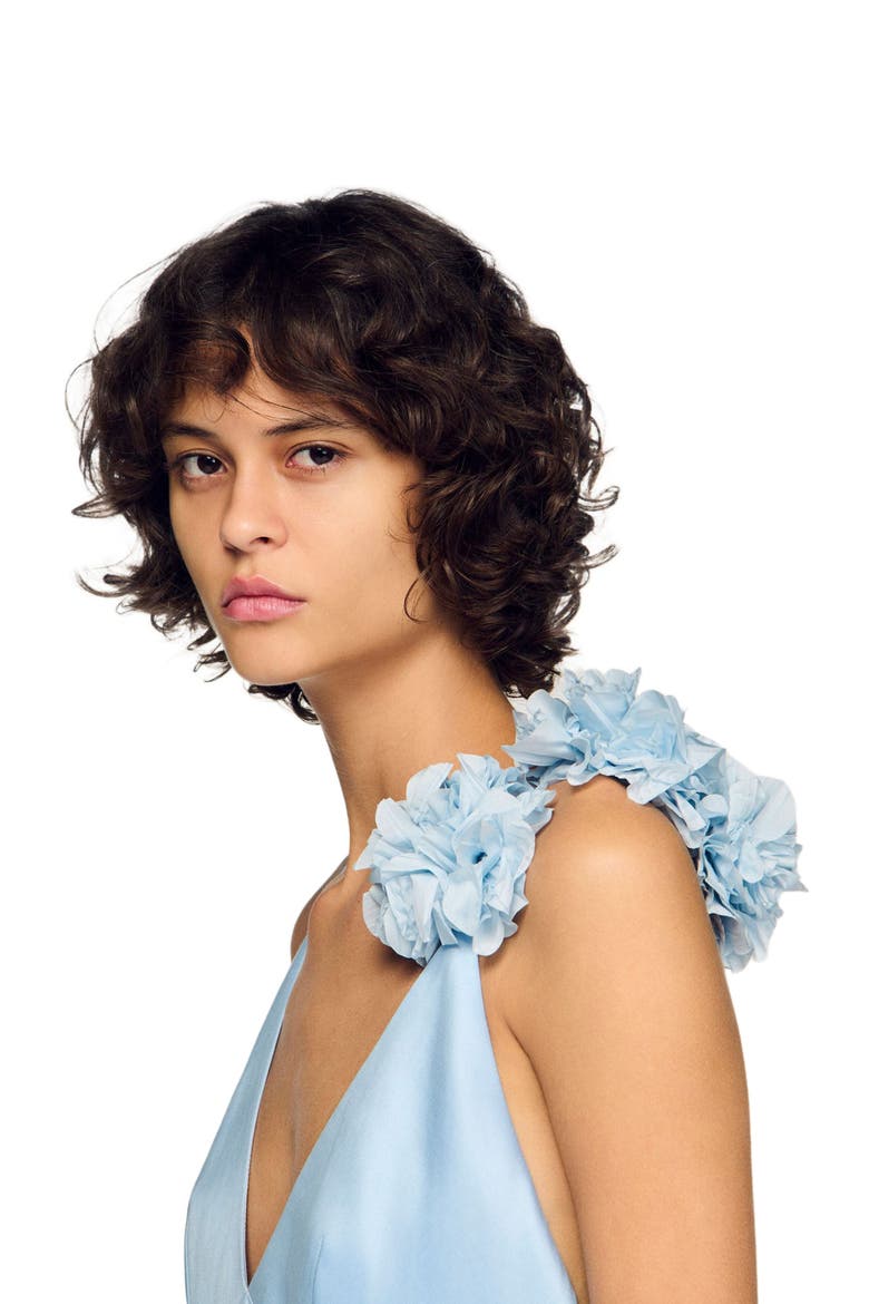 Flower detail asymmetrical ruffled dress, Alternate, color, Blue sky