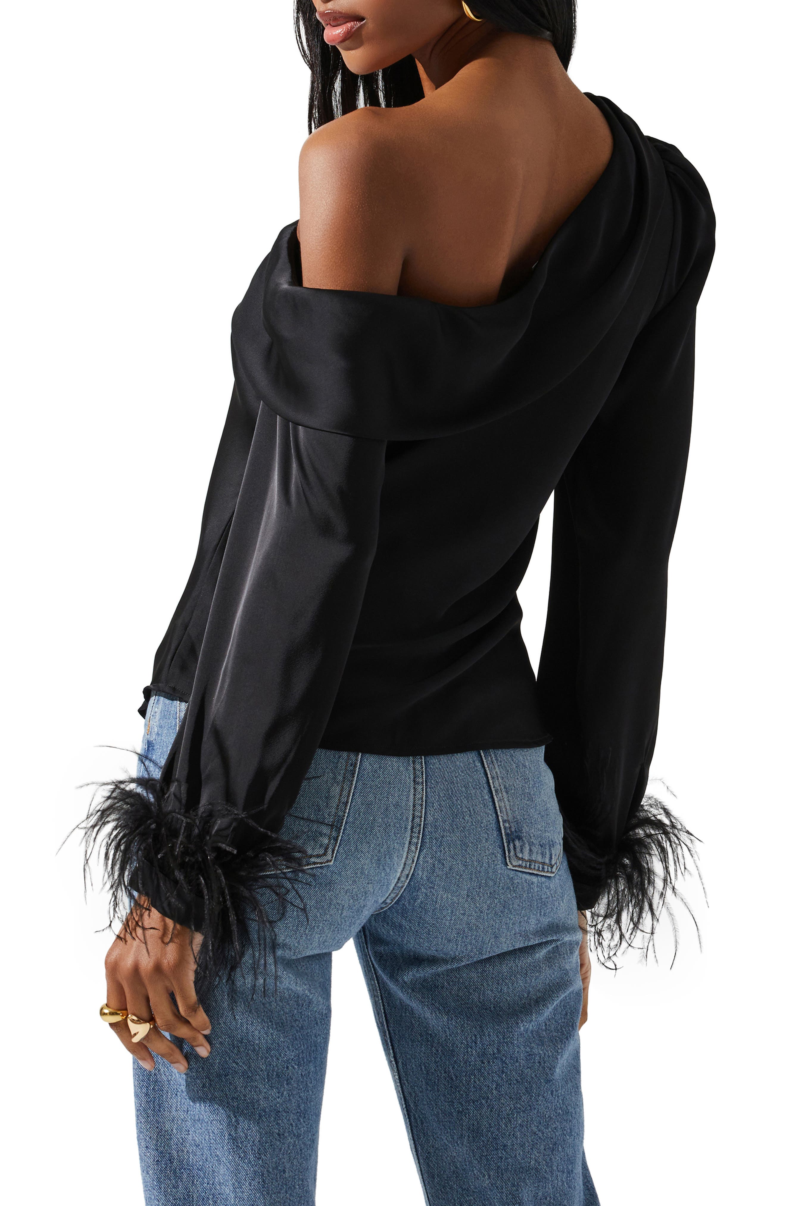 ASTR the Label Dawn One Shoulder Feather Trim Blouse (Women ...
