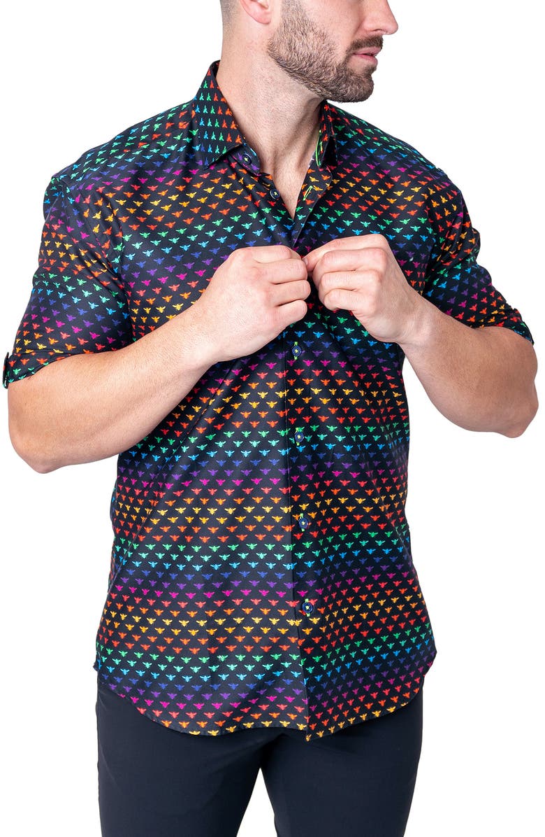 Maceoo Galileo Beerainbow Black Short Sleeve Button-Up Shirt, Alternate, color, Black