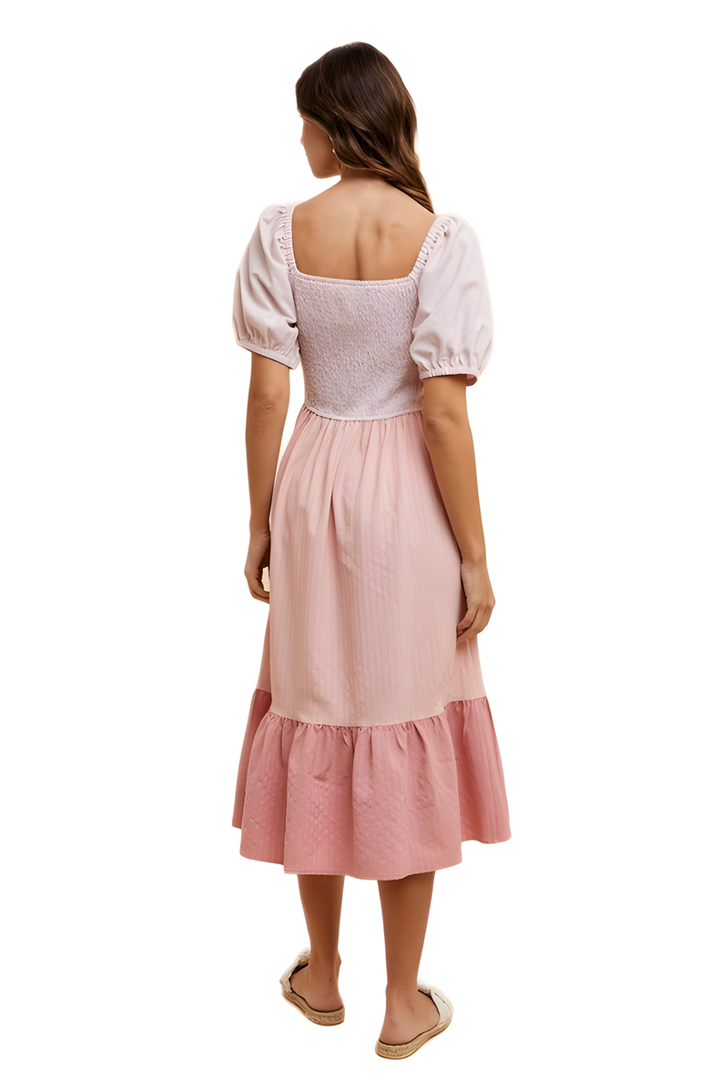 Knit and Lounge Puff Sleeve Midi Dress with Smocked Bodice, Alternate, color,