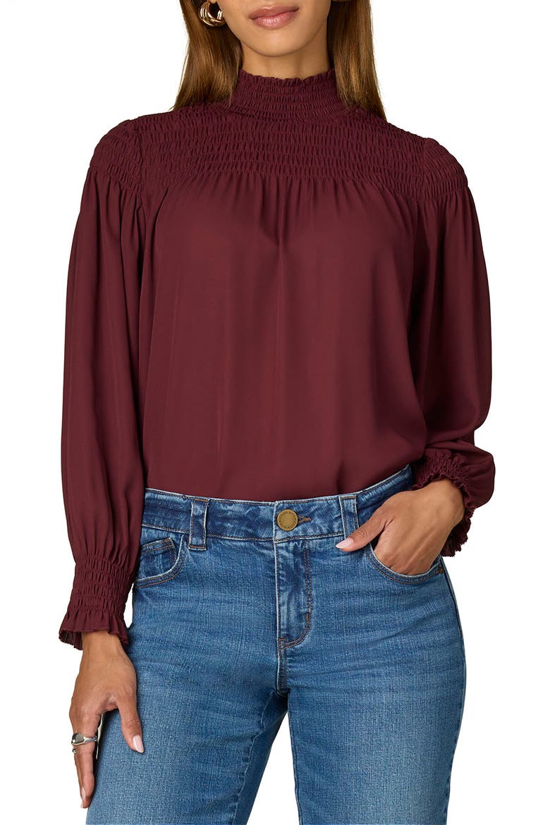 Long Smock Flounce Sleeve Funnel Neck Top, Main, color, ZINFANDEL