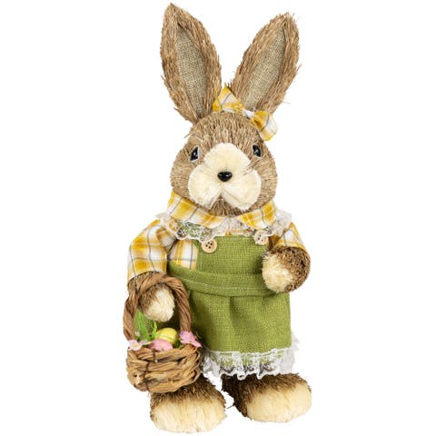 Girl Sisal Rabbit with Easter Basket Figure - 13.75" - Yellow and Green