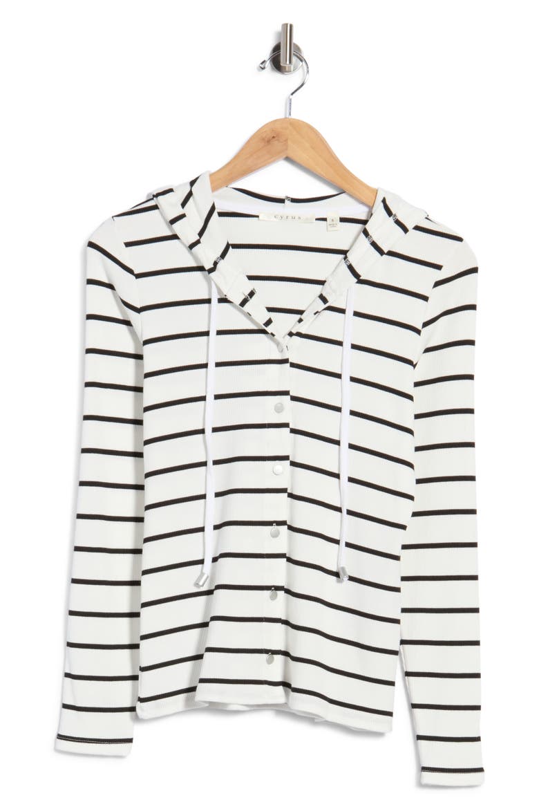 Striped Rib Button Front Hoodie, Main, color, BONE/ BLACK