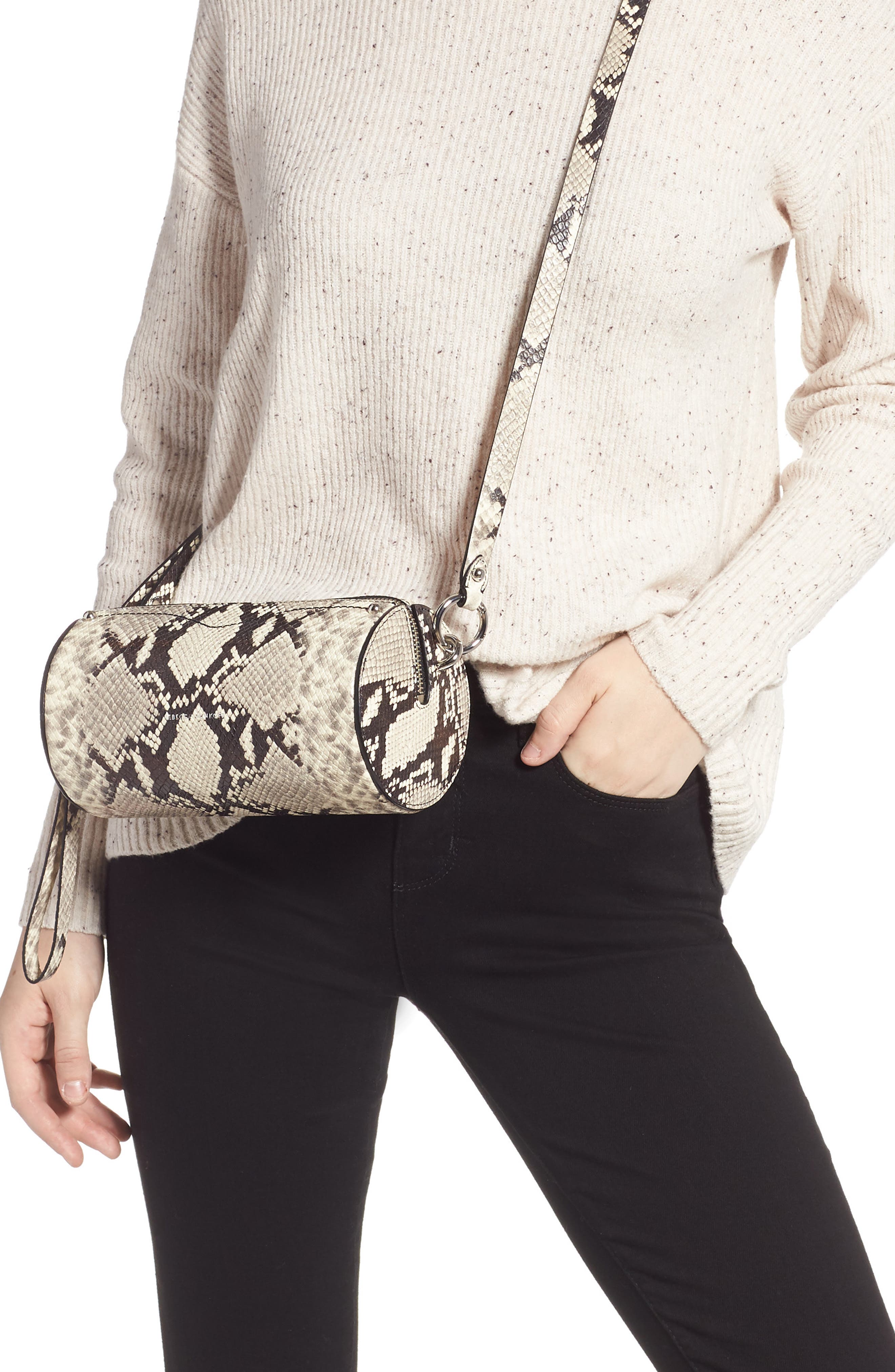 Rebecca Minkoff Python Embossed Leather Barrel Crossbody Bag, Alternate, color, 