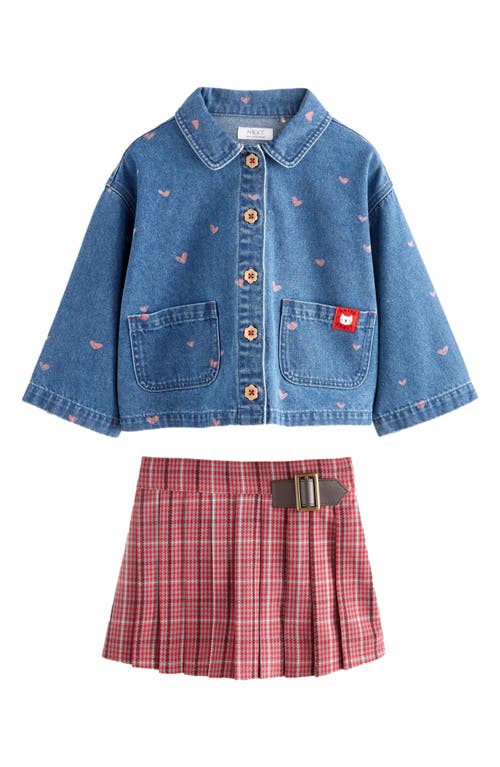 Shop Next Kids' Heart Print Denim Overshirt & Check Skirt Set In Blue