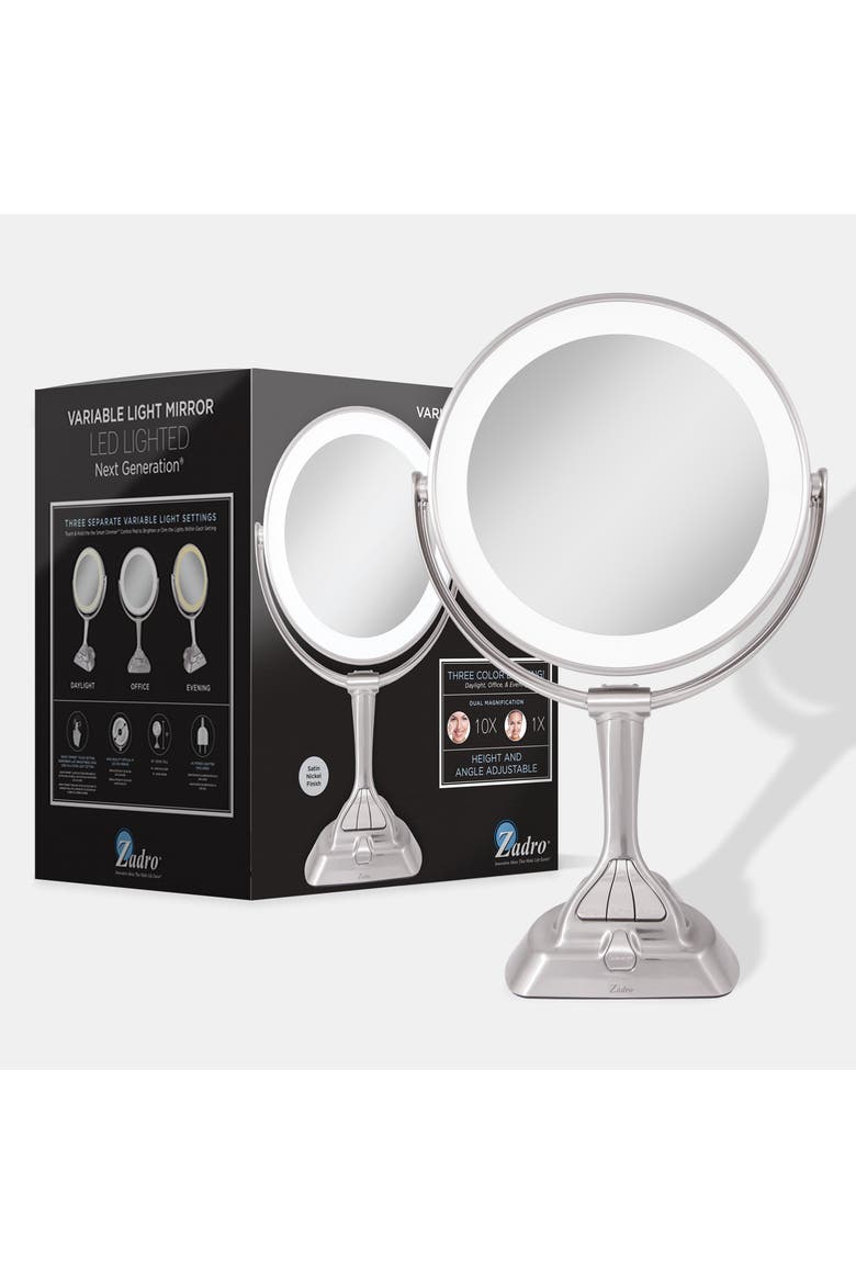 Lighted Makeup Mirror with 10X/1X Magnification & Smart Dim Controls, Alternate, color, Satin Nickel