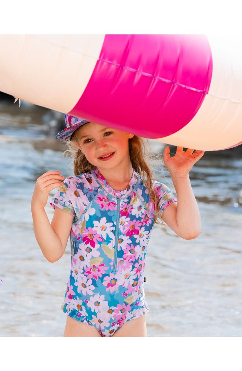 Deux par Deux Girl's Printed Short Sleeve One-Piece Swimsuit With Frills White, Pink, And Green Flowers, Alternate, color,