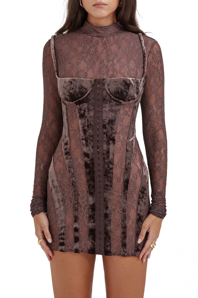 Marica Long Sleeve Lace & Velvet Minidress, Alternate, color, BROWN
