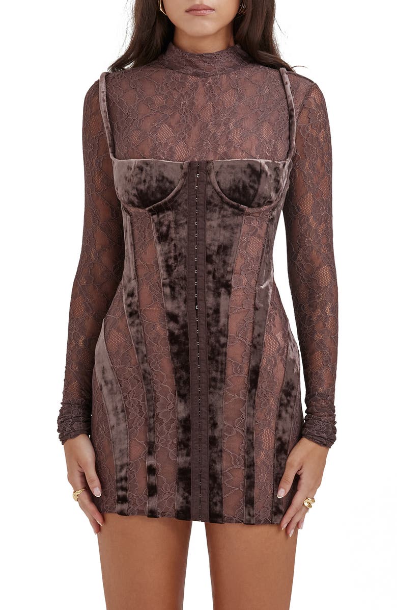 HOUSE OF CB Marica Long Sleeve Lace & Velvet Minidress, Alternate, color,