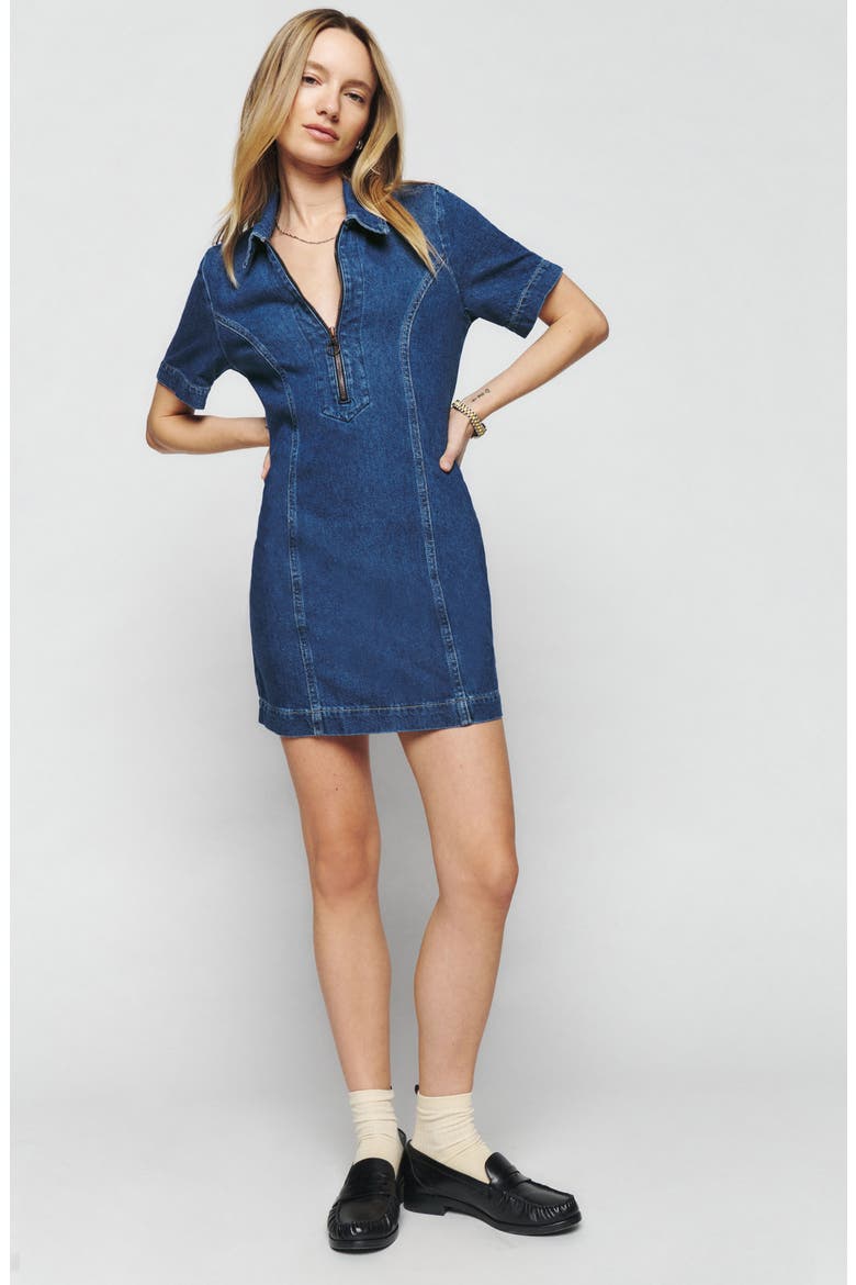 Quarter-Zip Stretch Organic Cotton Denim Minidress, Main, color, INDIO