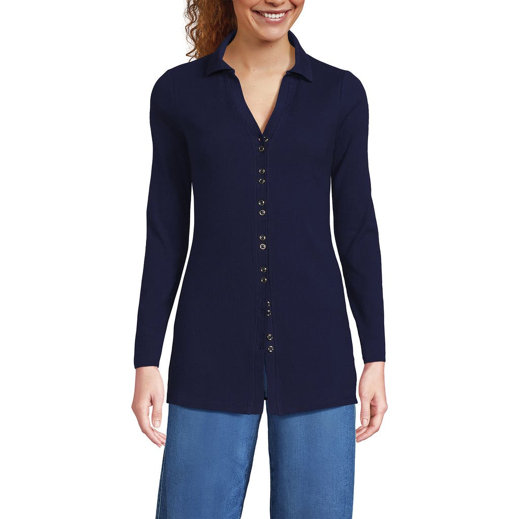 Lands' End Long Sleeve Polished Rib Button Through Tunic Shirt In Blue