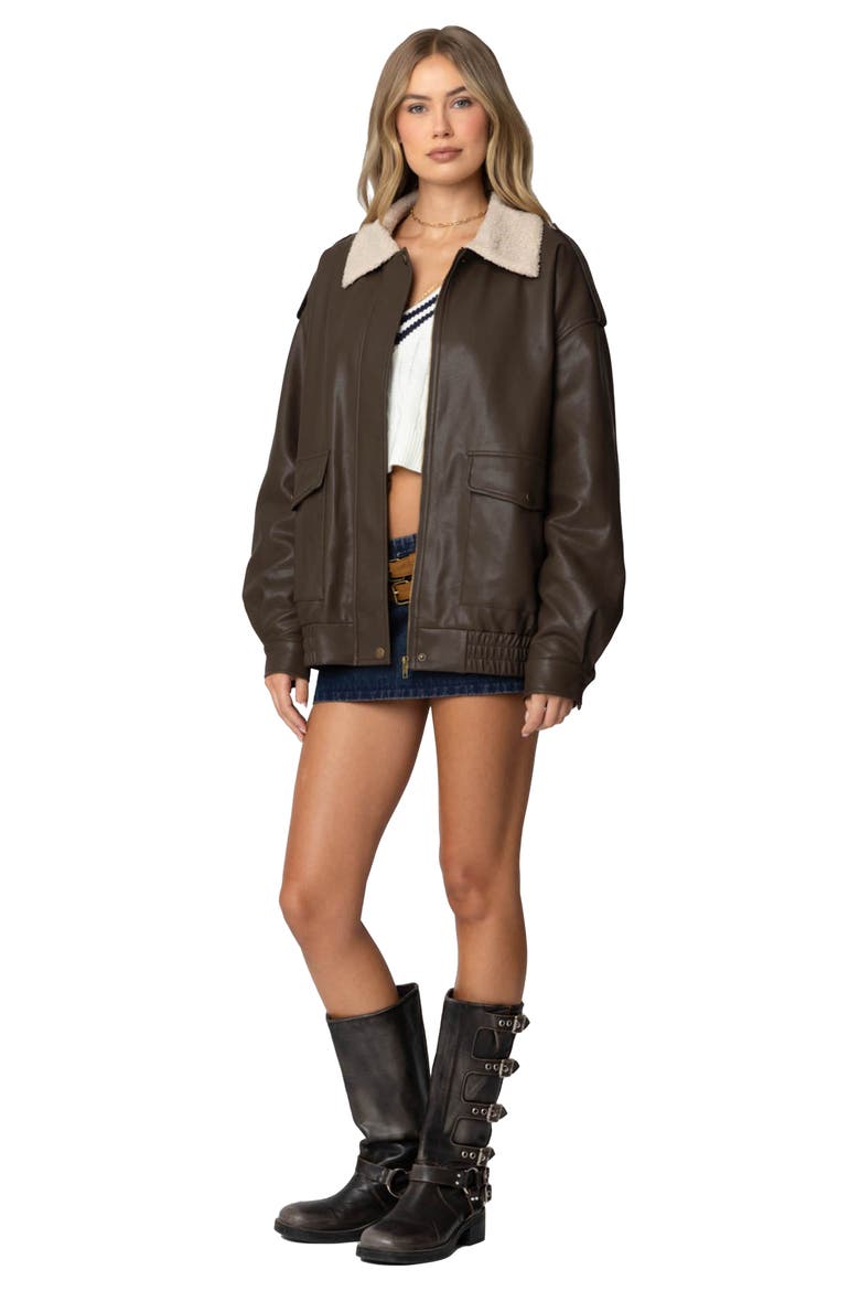 Ann Oversize Faux Leather Jacket with Faux Shearling Collar, Alternate, color, BROWN