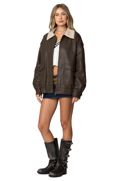 Edikted Ann Oversize Faux Leather Jacket With Faux Shearling Collar In Brown