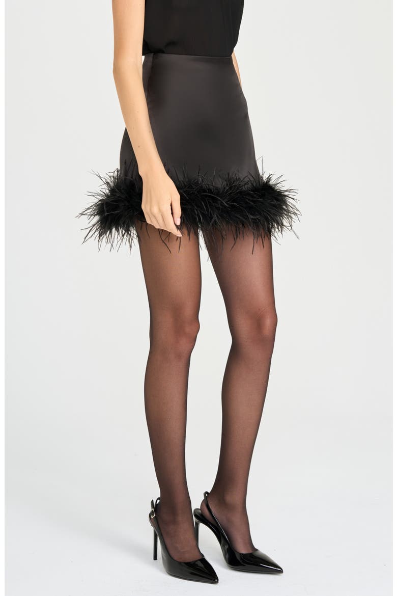 x Rose Lola Studio Faux Feather Trim Miniskirt, Alternate, color, BLACK