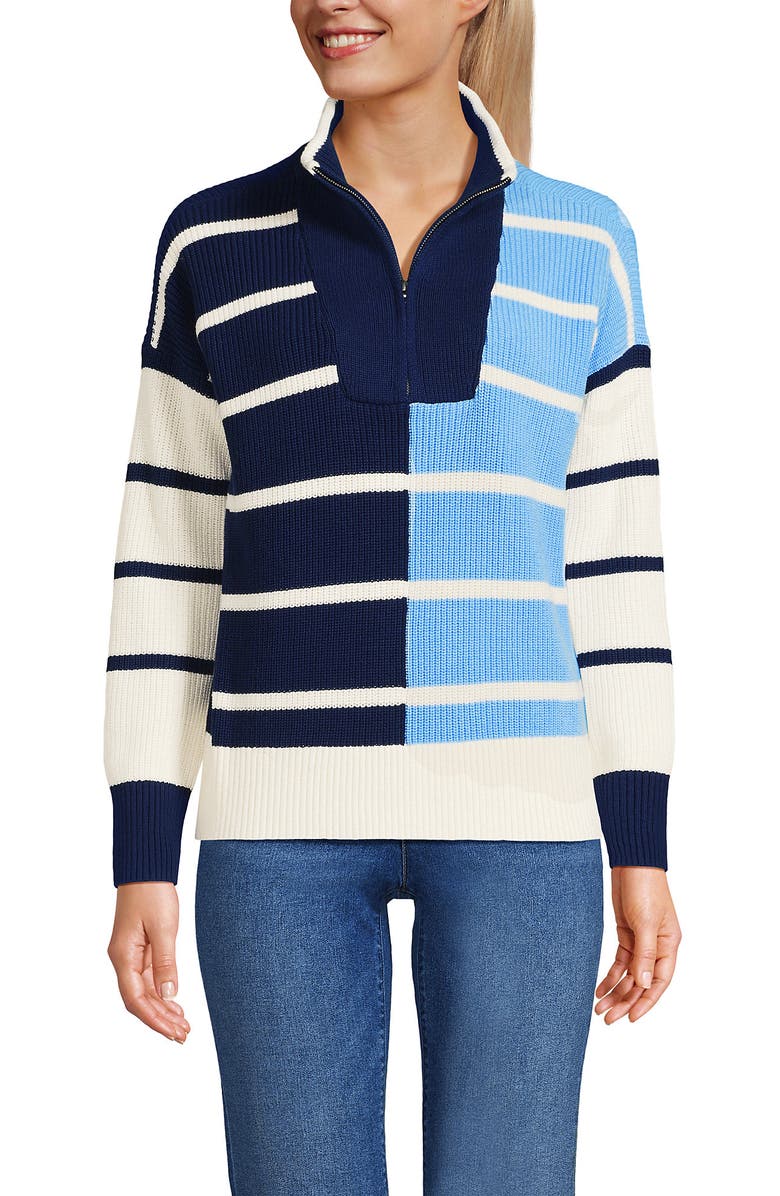 Lands' End Drifter Cotton Quarter Zip Pullover Sweater, Main, color, Deep Sea/Fresh Ivory Stripe
