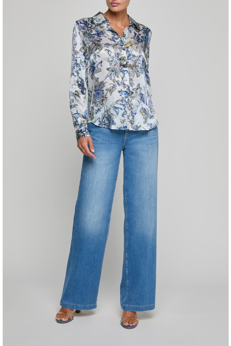 Tyler Butterfly Print Silk Button-Up Shirt, Alternate, color, MULTI BLUE