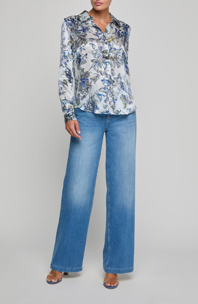 L'AGENCE Tyler Butterfly Print Silk Button-Up Shirt, Alternate, color, Multi Blue