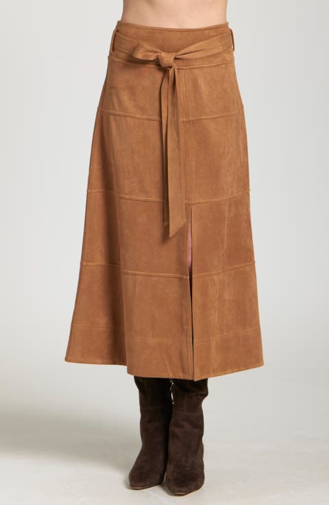 Faux Suede Paneled A-Lined Midi Skirt