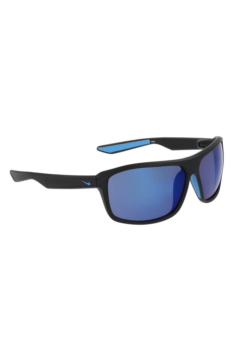 Nike Premier Stride 63mm Rectangular Sunglasses, Alternate, color, Matte Black / Blue Mirror