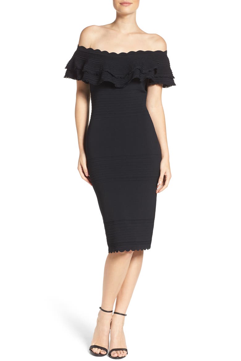Off the Shoulder Ruffle Sheath Dress, Main, color, BLACK