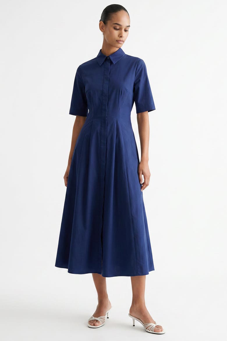 Darcel Short Sleeve Buttoned Midi Dress, Alternate, color, Navy