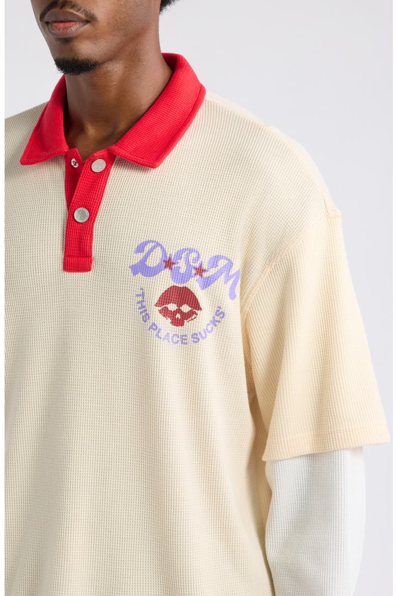 Hollywood Waffle Layered Look Graphic Polo, Alternate, color, ANTIQUE WHITE
